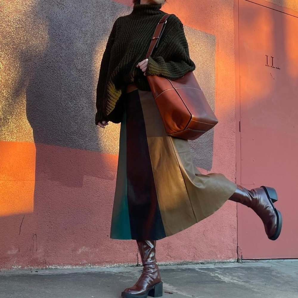 Minimalist Leather Patchwork Maxi/Midi Skirt - image 2